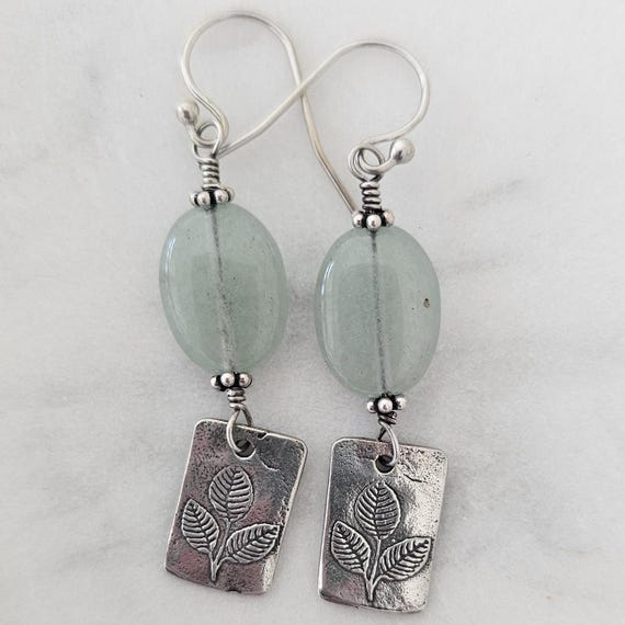 Aventurine and sterling silver leaf earrings, beach boho earrings, summer jewelry