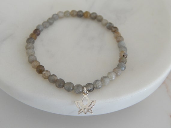 Dainty ladorite stretch bracelet with sterling silver lotus charm, boho chic, delicate stacking bracelet