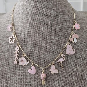 Ready To Ship Pink multi charm necklace, enamel charms, gift for her