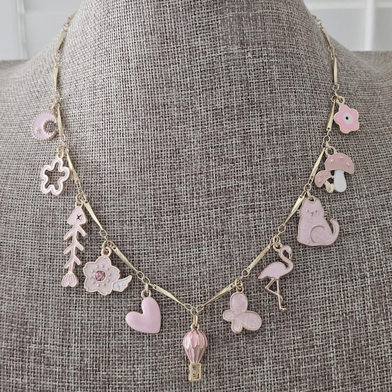 Ready To Ship Pink multi charm necklace, enamel charms, gift for her