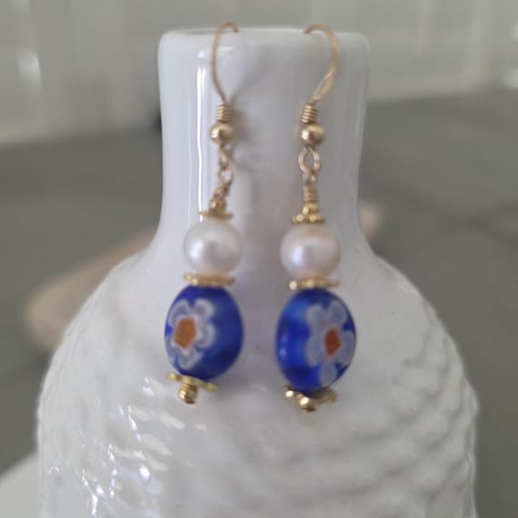 Gold Filled Dangle Earrings, Millefiori Dangles, Boho Huggie Earrings