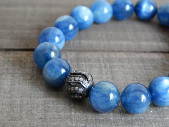 Blue kyanite stretch bracelet with pave diamond bead, stacking bracelet, deep blue bracelet, boho chic, boho luxe bracelet, diamonds