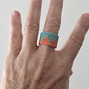 Peyote stitch seed bead ring, gift for her, boho jewelry, cigar ring Mountains Size 9