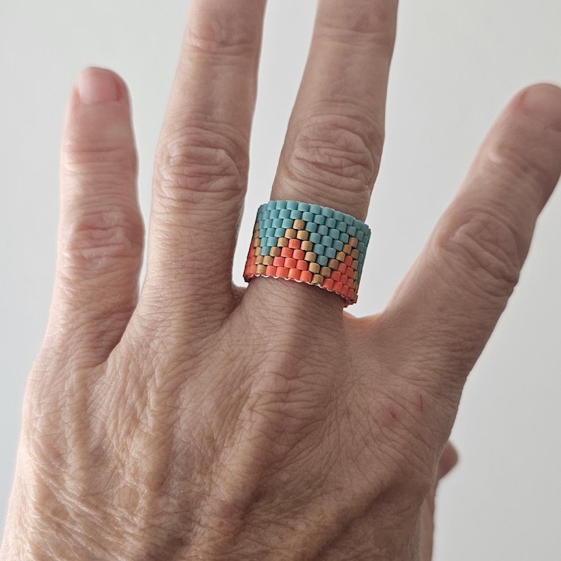 Peyote stitch seed bead ring, gift for her, boho jewelry, cigar ring Mountains Size 9