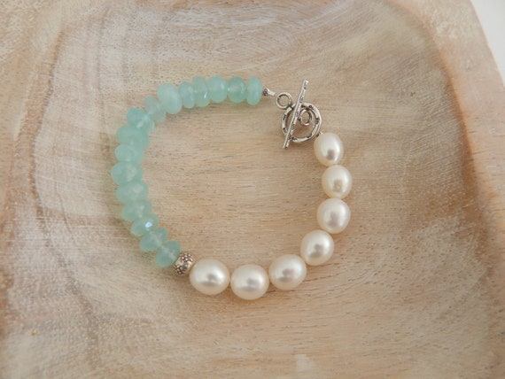 Aqua blue chalcedony and freshwater pearl bracelet, statement jewelry, boho bracelet, hill tribe silver