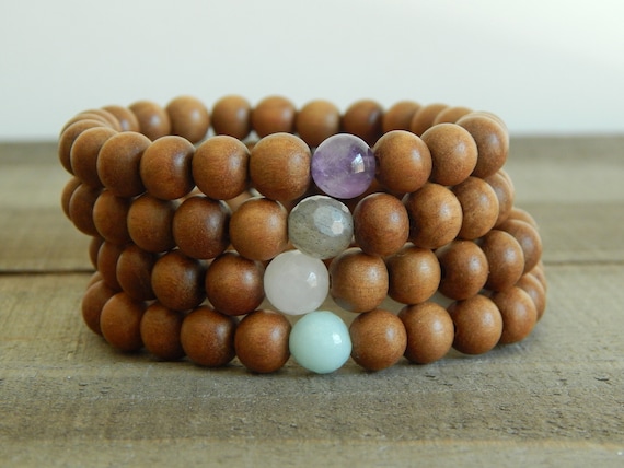 Sandalwood and gemstone bracelet, healing bracelet, beach boho jewelry, summer jewelry