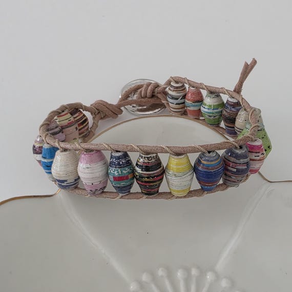 Leather wrap bracelet with paper beads, statement jewelry, boho bracelet