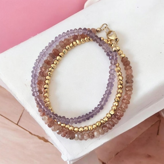 Amethyst and sunstone wrap bracelet, boho bracelet, triple wrap