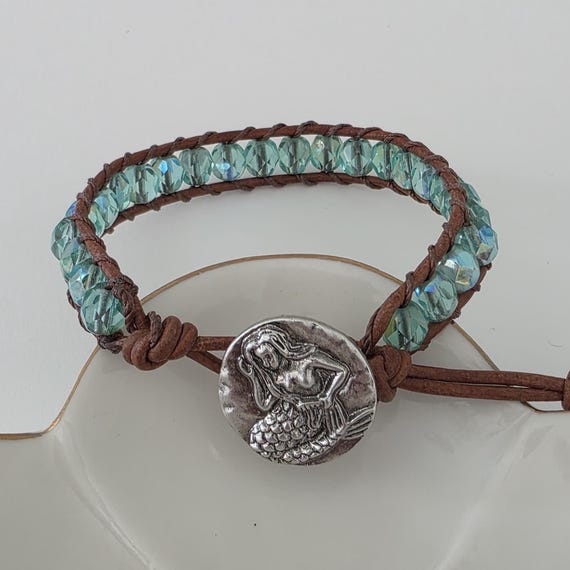 Aqua blue czech glass leather wrap bracelet, mermaid button