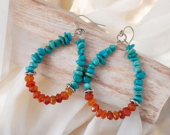 Sterling silver carnelian and turquoise dangle earrings, southwest style, boho jewelry