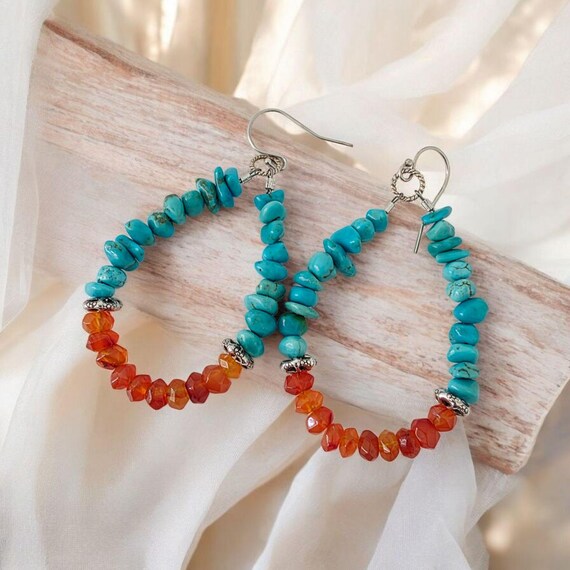 Sterling silver carnelian and turquoise dangle earrings, southwest style, boho jewelry