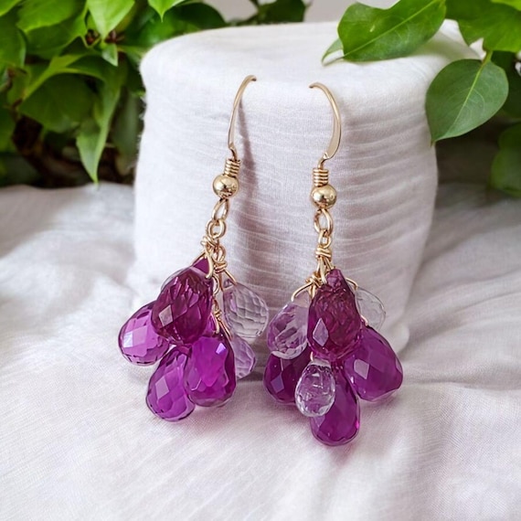 14kt gold filled purple quartz briolette cluster earrings, boho jewelry, gift for her