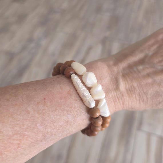 Sandalwood and pearl stick bracelet, summer jewelry, boho jewelry