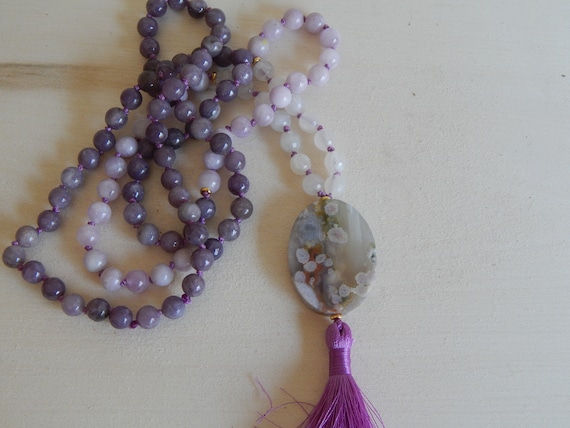 READY TO SHIP Hand knotted 108 bead mala necklace, purple and white necklace, meditation jewelry