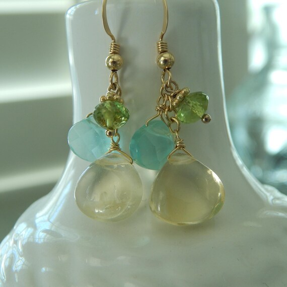 Citrine briolettes with peridot and blue quartz earrings, boho jewelry, gemstone cluster earrings