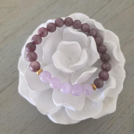 Lepidolite and amethyst bracelet, Boho Stackable