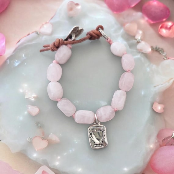 Hand knotted rose quartz nuggets with sterling silver heart button, boho chic jewelry