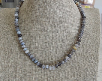 READY TO SHIP Hand knotted gray agate necklace, gift for her, boho necklace, sterling silver clasp