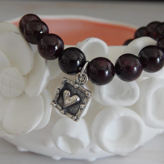 Garnet bracelet with sterling silver heart charm, stacking bracelet, dark red, gift for her