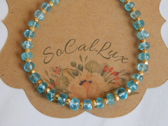 Aqua blue apatite bracelet with vermeil spacer beads, statement jewelry, layering bracelet, rondelle gemstone
