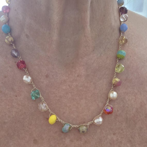 Crochet necklace with colorful czeh glass beads, summer necklace