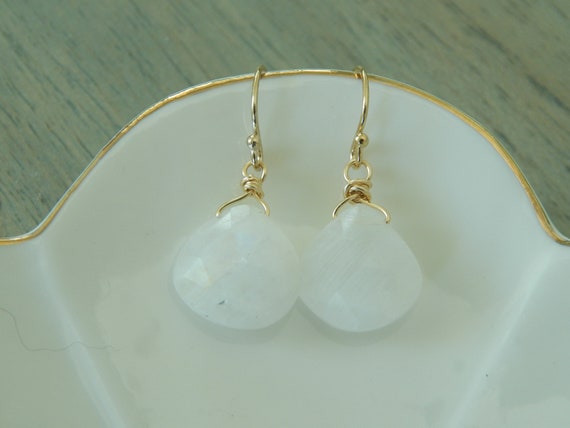 White moonstone briolette dangle earrings, gold filled earwires, boho jewelry, gift for her