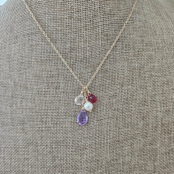 Multi Gemstone Cluster Necklace, Akoya Pearl, Gold Filled Chain