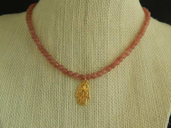 Strawberry quartz gemstone necklace with gold vermeil hamsa hand charm, beach boho, yoga necklace