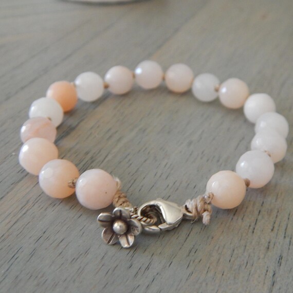 Hand knotted peach aventurine with sterling silver clasp and hill tribe charm, stacking bracelet, boho chic