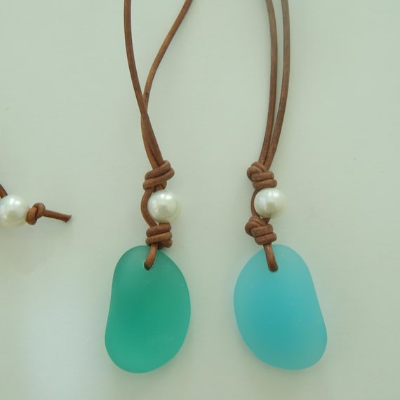 Freshwater pearl and sea glass pendant leather necklace, beachy boho style, beach chic necklace