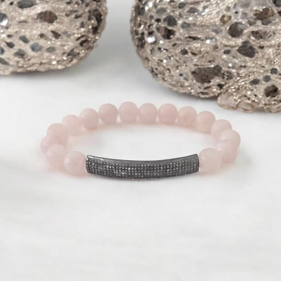 Pink morganite bracelet pave diamond bar, stacking bracelet, boho chic, boho luxe bracelet