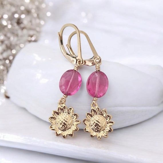 Pink quartz earrings with flower charm, beach boho earrings, summer jewelry