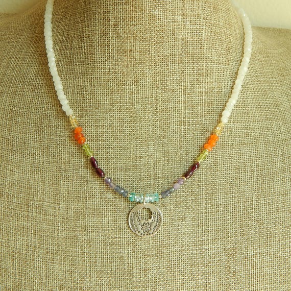 Multigemstone and moonstone necklace with hill tribe pendant, boho necklace, summer necklace