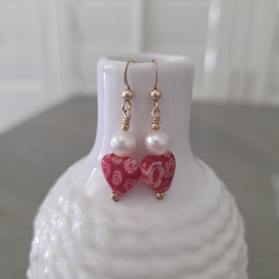 Gold Filled Dangle Earrings, Millefiori Dangles, heart earrings
