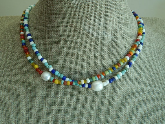 Glass bead and pearl necklace, boho necklace, multicolored bead choker