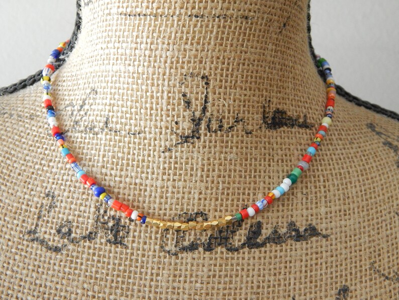 Dainty Colorful Glass Seed Bead Necklace With Brass Beads Etsy