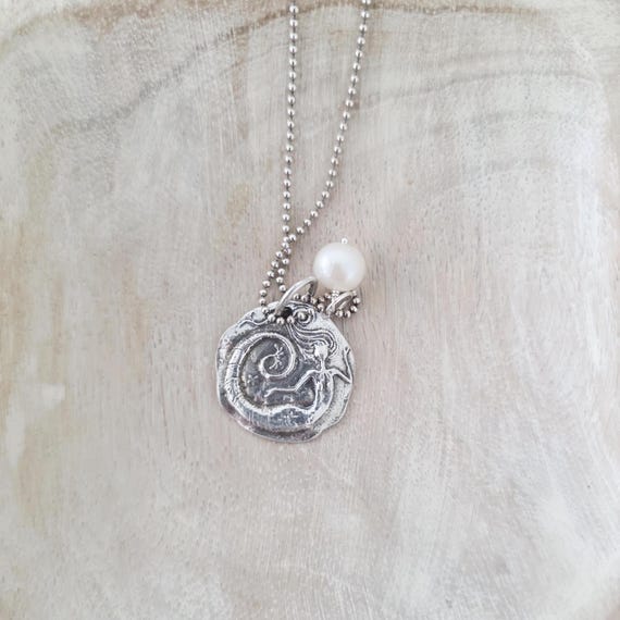 Sterling silver mermaid coin necklace with pearl, beach boho jewelry, summer jewelry