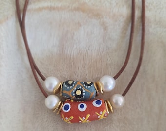 Vintage Glass Beads with freshwater pearl, Boho Chic necklace