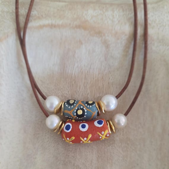 Vintage Glass Beads with freshwater pearl, Boho Chic necklace