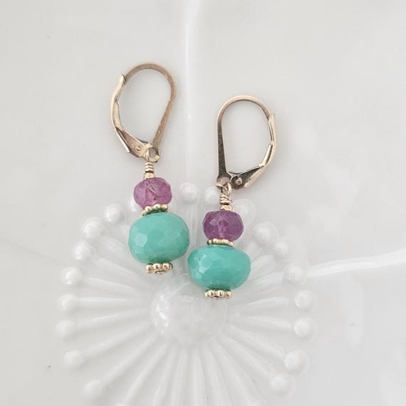 Chrysoprase and ruby earrings, modern style jewelry, green chrysoprase gemstone