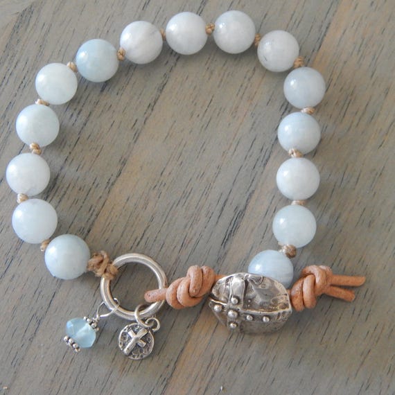 Hand knotted aquamarine bracelet with sterling silver button, stacking bracelet, boho chic, handmade bracelet