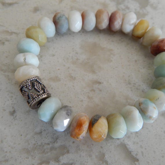 Multicolored faceted amazonite with sterling silver bali bead, beach chic, boho luxe, neutral, boho style