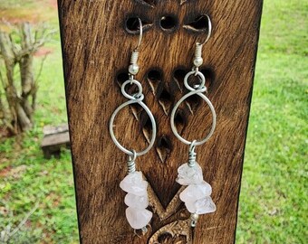 Earrings Rose Quartz Dangle Earrings Gift For Woman Gemstone Wirewrap Earrings For Friend Pink Earrings Tibetan Silver Chakra Stones Boho