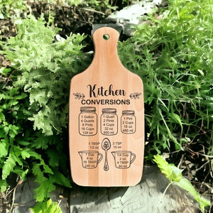 May include: A wooden chopping board with the text "Kitchen Conversions" and a chart of common kitchen measurements in imperial units and metric units.