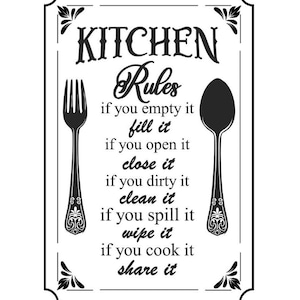 May include: A rectangular sign with a black border and decorative corners featuring a black fork on the left and a spoon on the right. The text reads: KITCHEN Rules, if you empty it fill it, if you open it close it, if you dirty it clean it, if you spill it wipe it, if you cook it share it.