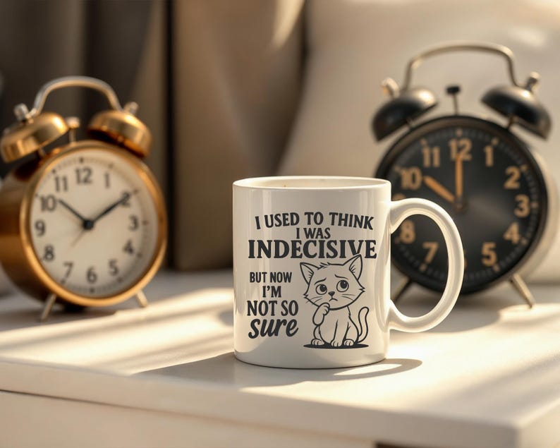 May include: White ceramic coffee mug with a black and white illustration of a cat. The mug has text that reads "I used to think I was indecisive but now I'm not so sure".