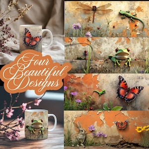 Whimsical Animal Mug Wrap PNG Gecko, bunny, Butterfly, Frog, Dragonfly Mug Designs -11oz&15oz Sublimation cute Garden Coffee Cup