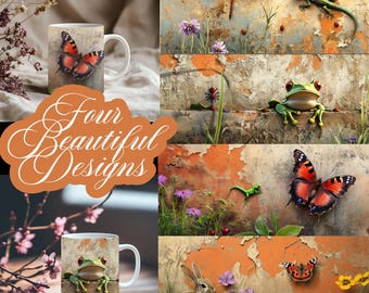 Whimsical Animal Mug Wrap PNG Gecko, bunny, Butterfly, Frog, Dragonfly Mug Designs -11oz&15oz Sublimation cute Garden Coffee Cup