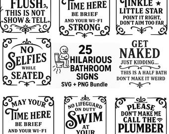 25 Funny Bathroom Sign SVG PNG Bundle, Vintage Bathroom Humor Quotes, Bathroom Wall Decor, Digital Download, Hilarious Laser Engraving Files