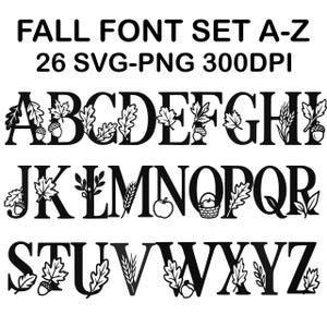 May include: Black Fall Font Set A-Z, 26 SVG-PNG 300DPI. The letters are decorated with fall-themed elements like leaves, acorns, and wheat. The font is bold and suitable for various autumn-themed projects.